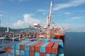 View on second largest container port in Korea, Kwangyang Port in Yeosu, south of Busan City with cargo ships Royalty Free Stock Photo