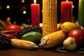 kwanzaa candles in kinara with corn and fruit Royalty Free Stock Photo