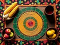 Kwanzaa flat lay with corn, apples, oranges, and rustic table runner on patterned green cloth Royalty Free Stock Photo