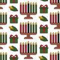 Kwanzaa seamless pattern background in Modern flat style with Kinara candle holder, corn, gift icon. Vector wallpaper Royalty Free Stock Photo