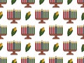 Kwanzaa seamless pattern background in Modern flat style with Kinara candle holder, corn icon. Vector wallpaper design