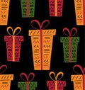 Kwanzaa seamless pattern background in simple hand drawn style with gift boxes decorated with ribbon, bow, paper with