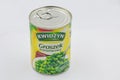 Kwidzyn canned green peas closeup on white Royalty Free Stock Photo