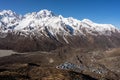 Kyanjin gompa village surrounded by Lantang mountain massif, Himalayas mountain range in Nepal Royalty Free Stock Photo