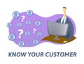 KYC, know your customer concept. Businessman checking information on internet. Colored flat vector illustration on white