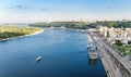 Kyiv cityscape aerial drone view, Dnipro river, downtown and Podol historical district skyline from above, city of Kiev, Ukraine