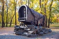 The memory of the death of people - a gypsy wagon with bullet marks in the Babiy Yar. Royalty Free Stock Photo