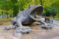 KYIV, KIEV, UKRAINE - October 27, 2020: Symbol of financial well-being. Bronze statue of a Giant toad in Kreschatyj Park.