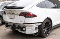 Kyiv, March 23, 2024. electric white Tesla Model X 100d car rear bumper damage
