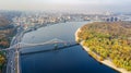 Kyiv skyline aerial drone view, historical Podil district, Dnipro river and bridge cityscape from above, city of Kiev, Ukraine