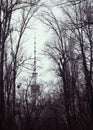 Kyiv television tower in winter haze