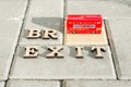 Kyiv, UA, 17.11.2017 Britain exit from European Union, Brexit word abstract in vintage letters,background double decker bus toy mo