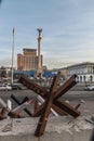 KYIV, UKRAINE: Anti-tank hedgehogs in the center of the Ukrainian capital on Independence Square (Maidan Nezalezhnosti