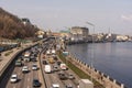 Kyiv, Ukraine- April 1, 2021: Automobile collapse at the highway along Dnipro River. Traffic jam with rows of cars on