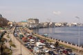 Kyiv, Ukraine- April 1, 2021: Automobile collapse at the highway along Dnipro River. Traffic jam with rows of cars on