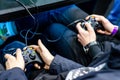 Kyiv, Ukraine - April 12, 2019: Close-up of gamepad Xbox in hand Royalty Free Stock Photo