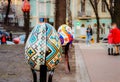 KYIV, UKRAINE - APRIL 7, 2018: Easter exhibition Festival on Sofievska Square, colorful Easter eggs hand painted by artist in trad