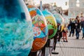 KYIV, UKRAINE - APRIL 7, 2018: Easter exhibition Festival on Sofievska Square, colorful Easter eggs hand painted by artist. Tradit Royalty Free Stock Photo