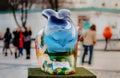 KYIV, UKRAINE - APRIL 7, 2018: Easter Festival on Sofievska Square, colorful bunny rabbit hand painted by artist, saving nature th