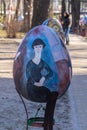 KYIV. UKRAINE - APRIL 07 2018: The Easter Festival in Kyiv on Sofiyvska Square. Artists on the alley show colorful Easter eggs. Royalty Free Stock Photo