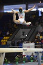 Female gymnast performing on the balance beam during Stella Zakharova Artistic Gymnastics Ukraine international Cup