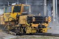 Kyiv Ukraine - April 27 2020: A huge dust cloud in the center of a big city during the operation of the auxiliary railway machine