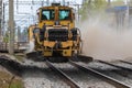 Kyiv Ukraine - April 27 2020: A huge dust cloud in the center of a big city during the operation of the auxiliary railway machine