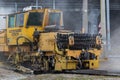 Kyiv Ukraine - April 27 2020: A huge dust cloud in the center of a big city during the operation of the auxiliary railway machine