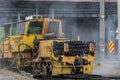 Kyiv Ukraine - April 27 2020: A huge dust cloud in the center of a big city during the operation of the auxiliary railway machine