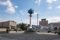 Monument to Globe in Kyiv, Ukraine. Zero kilometer sign