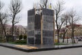Monument to Grigory Skovoroda in Kyiv city, covered with protective shields