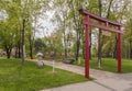 KIEV, UKRAINE: Red torii in a stylized Japanese square Royalty Free Stock Photo