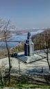 Kyiv, Ukraine, April 3, 2019. View from Volodymyrska Hill in Kiev to the monument to Vladimir the Great and the Dnieper Royalty Free Stock Photo