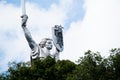 Kyiv, Ukraine - 7 Aug 2023 : Motherland or Mother Ukraine monument. new replaced trident, Ukrainian national symbol