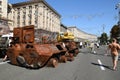 Kyiv, Ukraine - Aug. 26, 2022: Parade of broken military weapons of russian troops in Kyiv. Ukraine&#s Independence