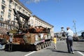 Kyiv, Ukraine - Aug. 26, 2022: Parade of broken military weapons of russian troops in Kyiv. Ukraine&#s Independence