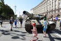 Kyiv, Ukraine - Aug. 26, 2022: Parade of broken military weapons of russian troops in Kyiv. Ukraine&#s Independence
