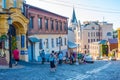 KYIV, UKRAINE, AUGUST 28, 2019: Colorful houses at Andriyivsky U Royalty Free Stock Photo