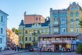 KYIV, UKRAINE, AUGUST 28, 2019: Colorful houses at Andriyivsky U Royalty Free Stock Photo