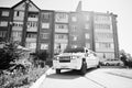 Kyiv, Ukraine - August 31: Elegance white wedding limousine Hummer H2 on wedding day. Black and white photo