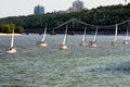 A lot of yachts sail under sail along the Dnipro river at the end of Military parade Royalty Free Stock Photo