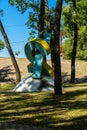 Monument to Swedish fans on beach near Pedestrian bridge in Kyiv, Ukraine