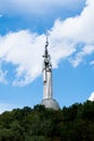 Kyiv, Ukraine - August 11, 2023: Motherland or Mother Ukraine monument. new replaced trident, Ukrainian national symbol