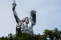 Kyiv, Ukraine - August 11, 2023: Motherland or Mother Ukraine monument. new replaced trident, Ukrainian national symbol