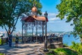 KYIV, UKRAINE, AUGUST 28, 2019: People are admiring Dnieper river from Kokorivska altanka pavilion in Kiev, Ukraine