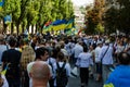 Kyiv, Ukraine - August 24, 2019. People in Ukrainian embroidered shirts. Ukrainian flags. Ukraine`s Independence Day