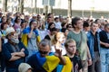 Kyiv, Ukraine - August 24, 2019. People in Ukrainian embroidered shirts. Ukrainian flags. Ukraine`s Independence Day