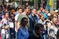 Kyiv, Ukraine - August 24, 2019. People in Ukrainian embroidered shirts. Ukrainian flags. Ukraine`s Independence Day