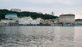 View of the Kiev River Station, the embankment of Poshtovaya Square and the Fairmont Grand Hotel Kyiv