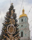 KYIV, UKRAINE: Christmas tree and didukh at the Sofia Square in